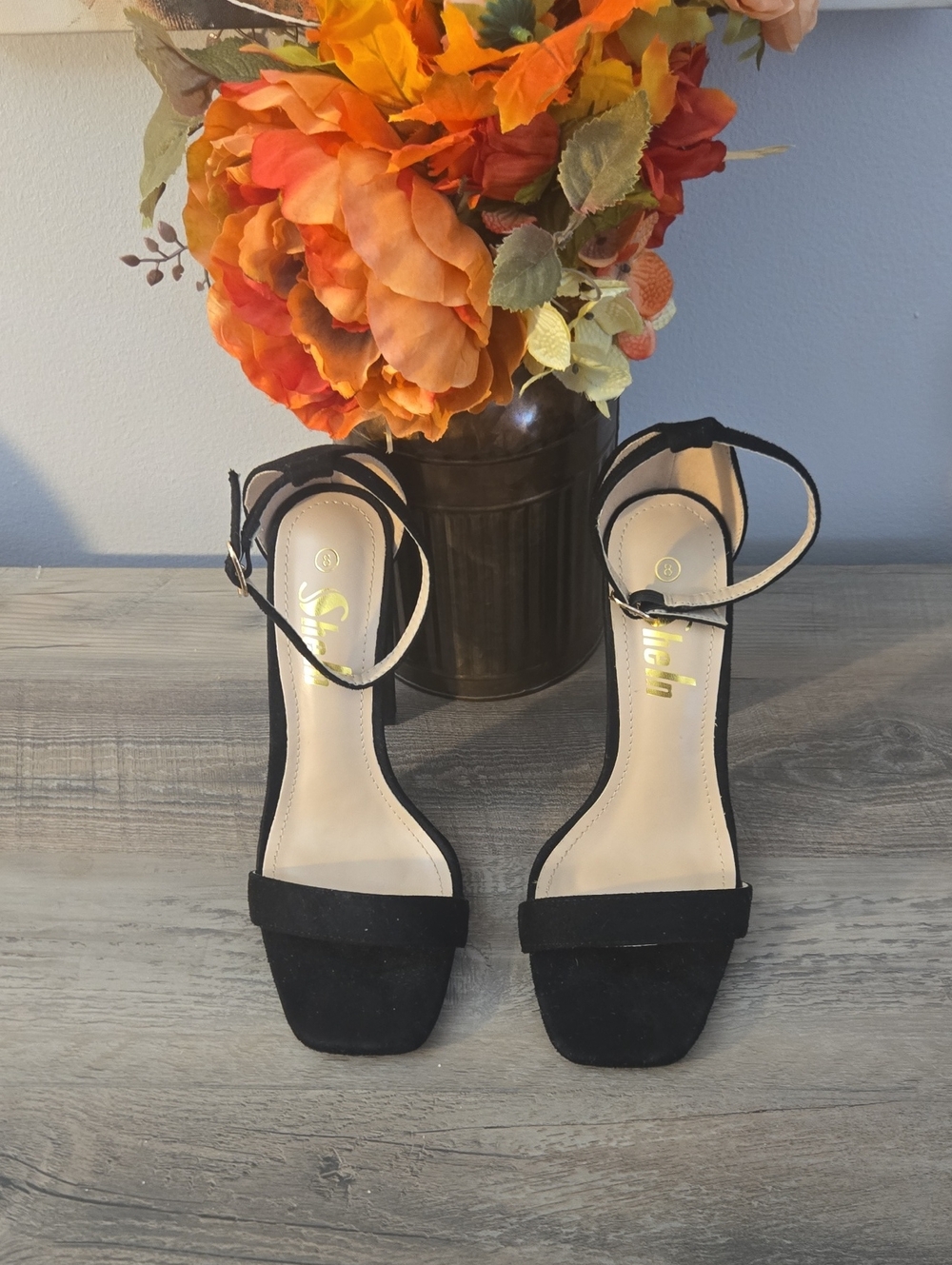 SHEIN Black Square-Toe Ankle-Strap Heeled Sandals 4.25 Heel